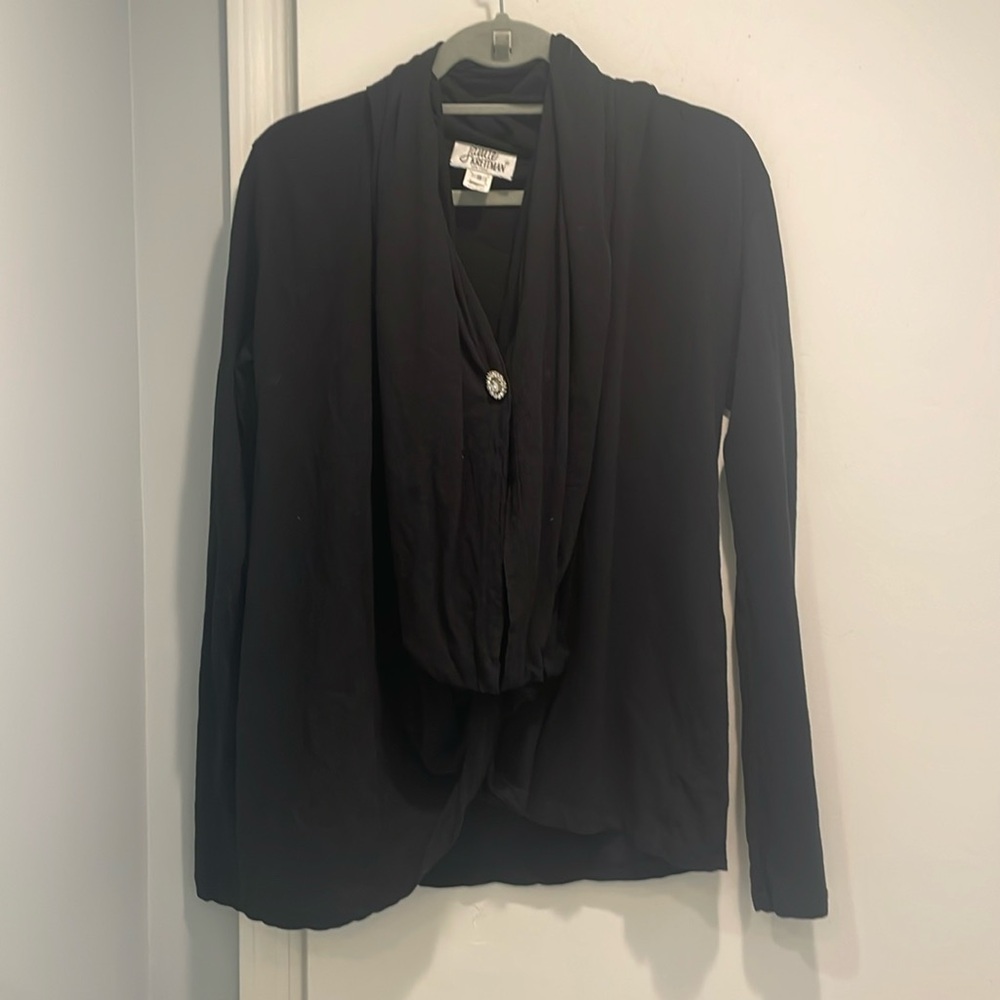 Black cowl neck bejeweled button cotton cardigan.